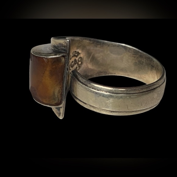 Vintage FCA Amber Inlay Taxco Mexico Sterling Silver Modernist Unique Men’s Ring - Picture 8 of 14